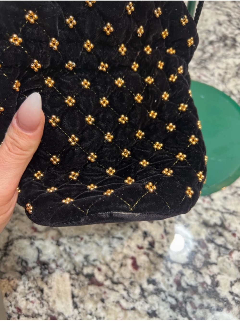 Black Quilted Velvet Mini Drawstring Bag with Gold Bead Accents - Picture 3 of 9